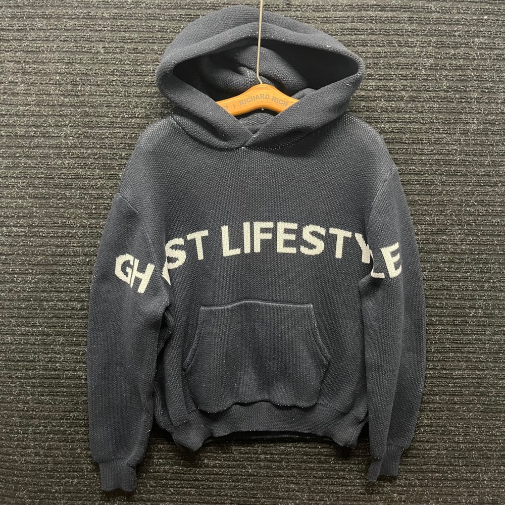Ghost Lifestyle Knit Hoodie Navy Blue Logo Streetwear Sweater Large